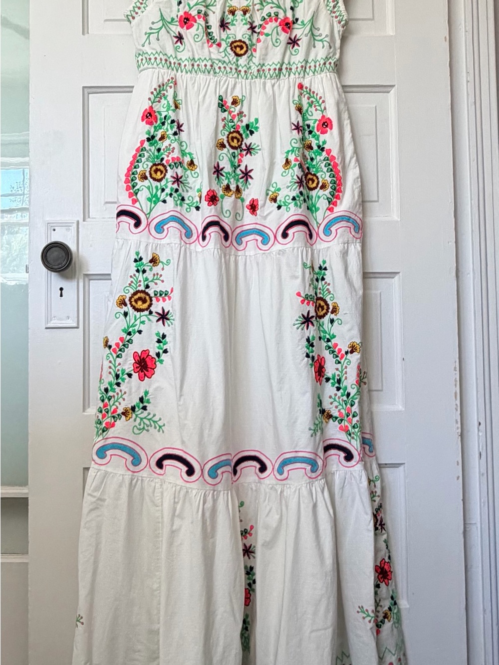 Anthropologie White Maxi Dress with Multicolor Floral Embroidery